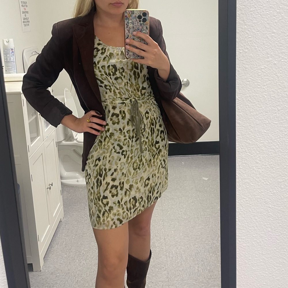 LOFT Green Leopard Print Mini Dress